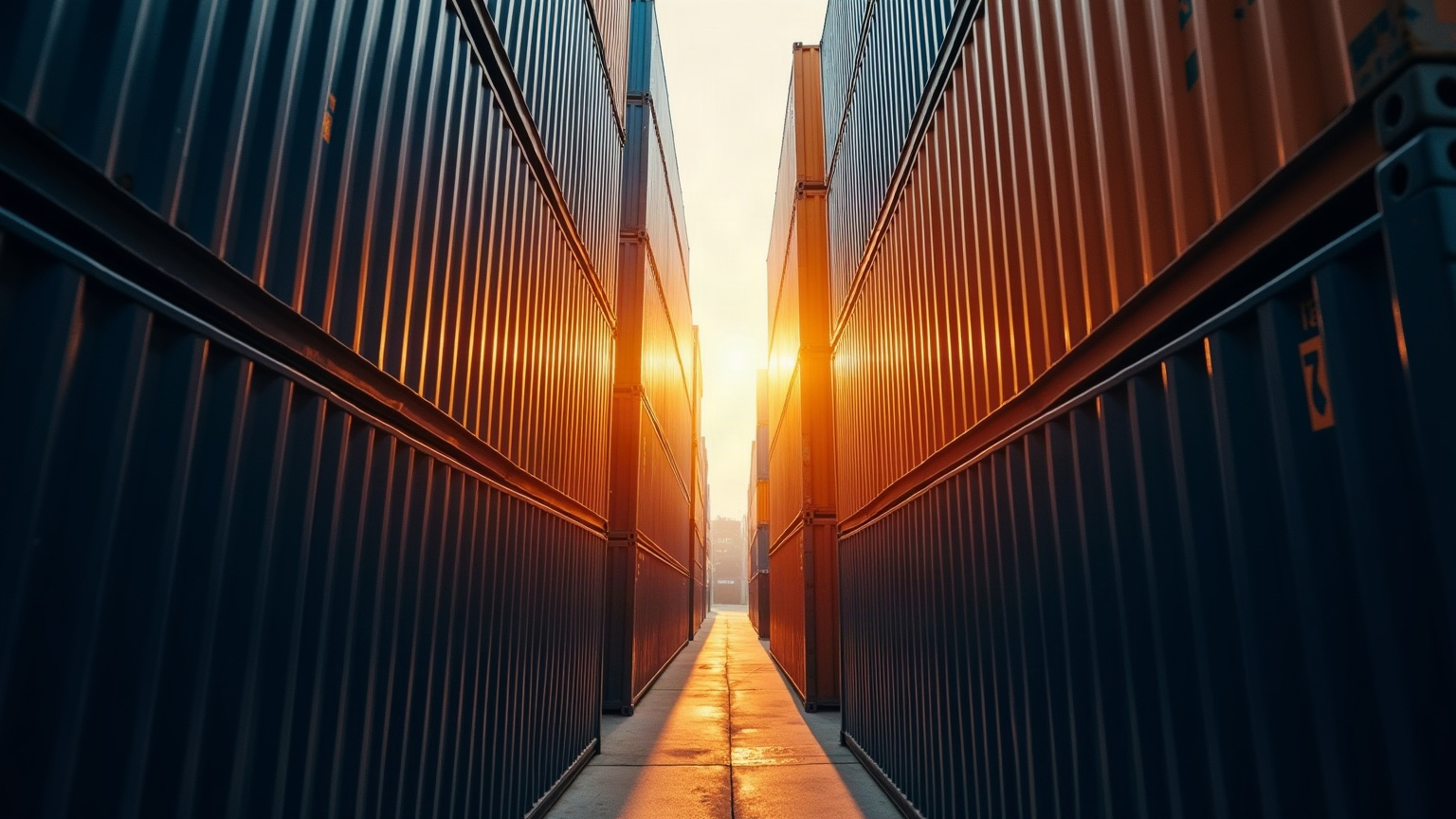 Dramatically lit shipping containers illustrating global trade