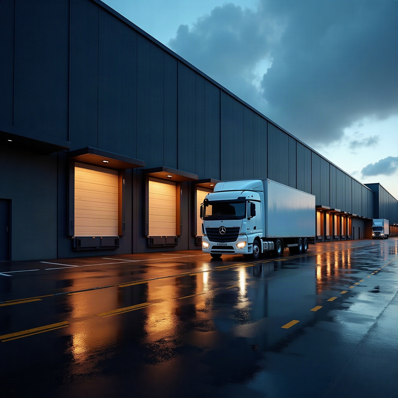 Unbranded truck and illuminated loading bays at a modern distribution warehouse